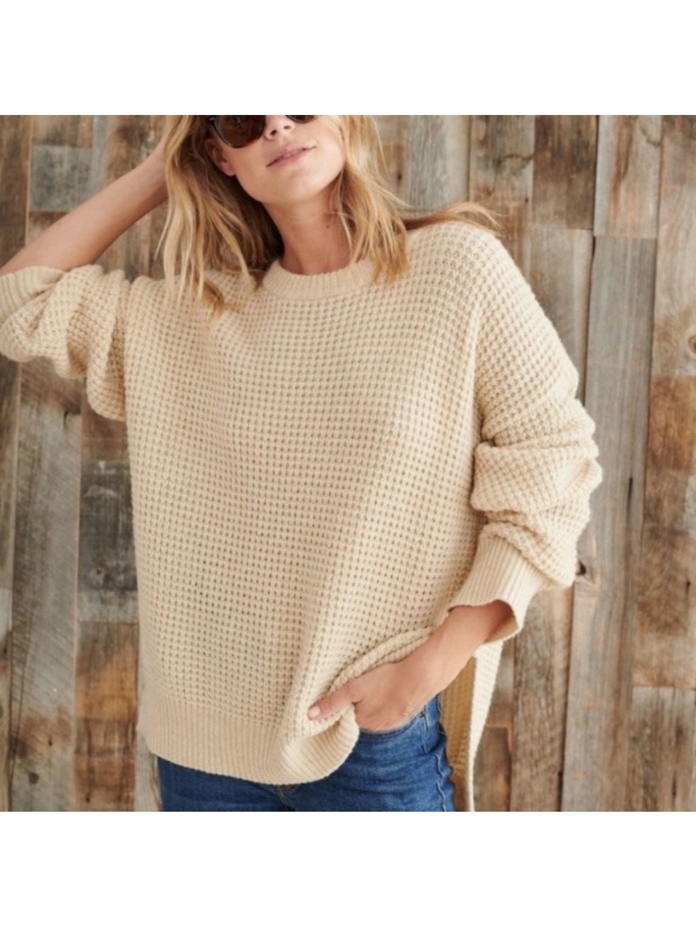 Jenni Kayne Cream Waffle-Knit Crewneck Sweater size medium